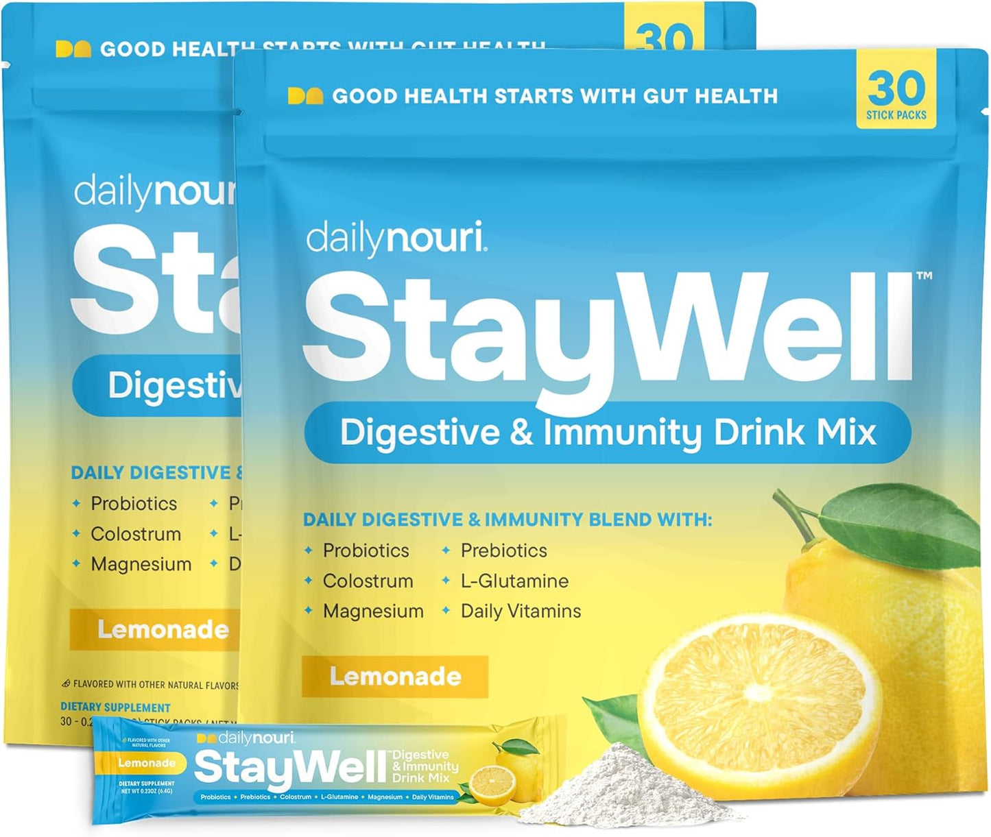 Nouri Daily StayWell Digestive & Immunity Drink Mix | Supports Gut Health, Digestion, Immunity & Energy | Probiotics, Prebiotics, Colostrum & Daily Vitamins | 30 Stick Packs