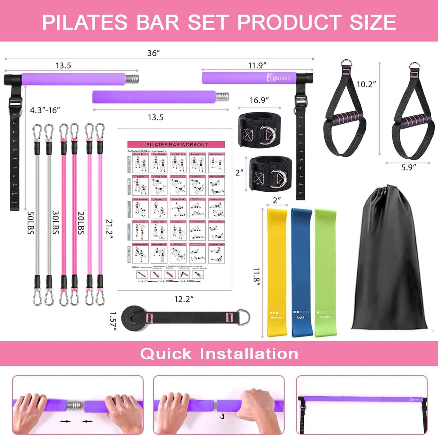 Pilates Bar Kit with Resistance Bands,Pilates Bar with Stackable Bands Workout Equipment for Legs,Hip,Waist and Arm,Exercise Fitness Equipment for Women & Men Home Gym Yoga Pilates
