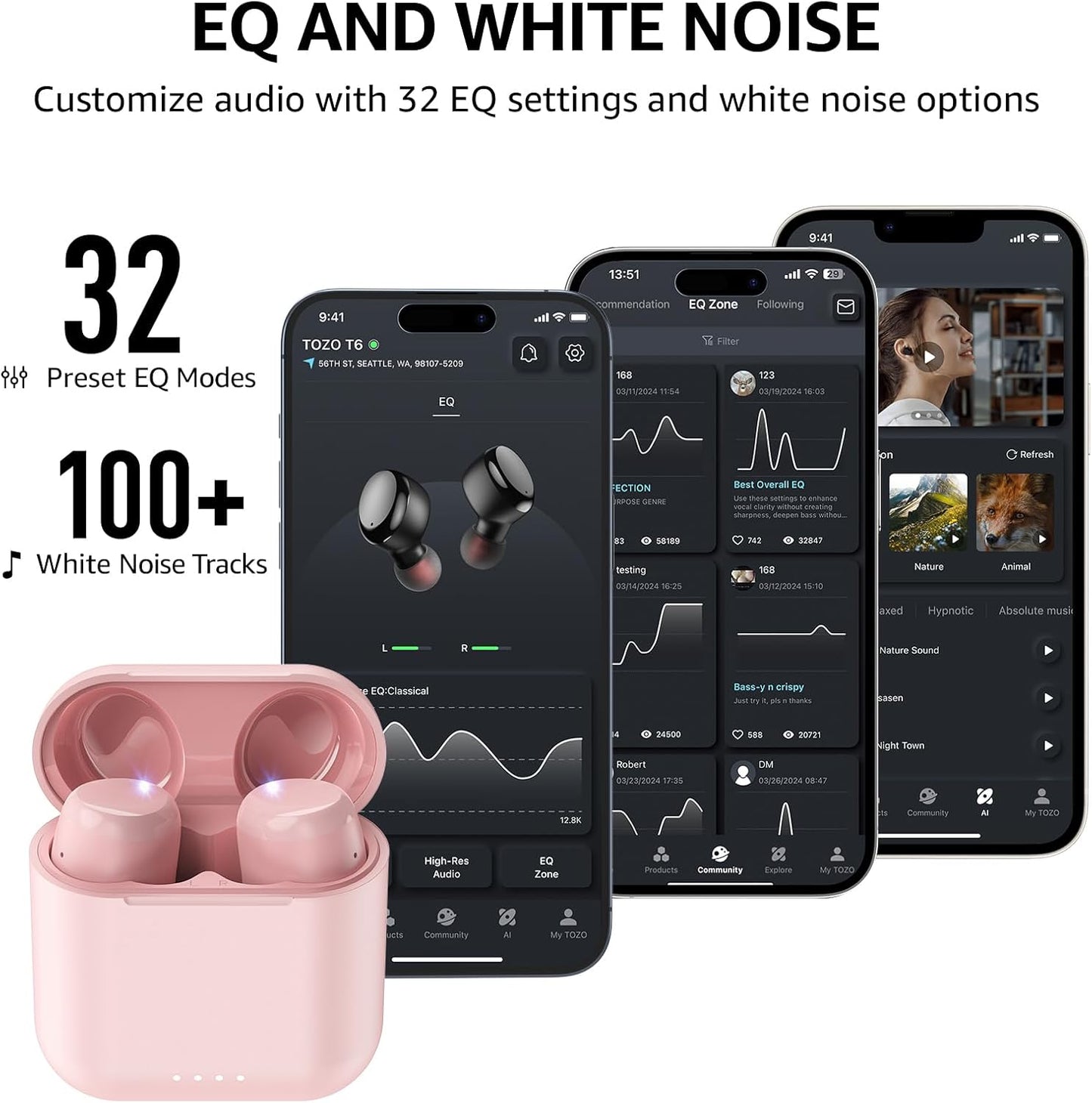 TOZO T6 Wireless Earbuds, IPX8 Waterproof Ear Buds, Stereo Bass Sound Bluetooth 5.3 Headphones in Ear, 50 Hours Playtime Earphones, Wireless Charging Case, Custom 32 EQ via APP