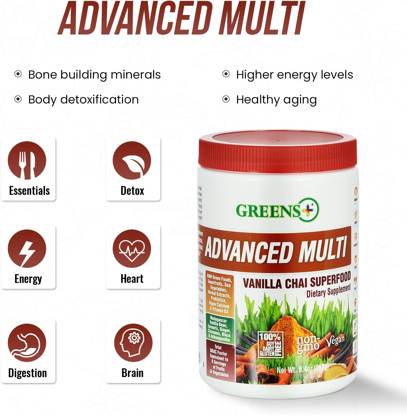 Greens+ Advanced Multi Vanilla Chai Superfood Powder, Organic Healthy Blend for Morning Vitality, Nutrition, Vibrant Health, Dietary Supplement, Vitamins Minerals, Vegan, Soy/Dairy/Gluten Free(9.4oz)