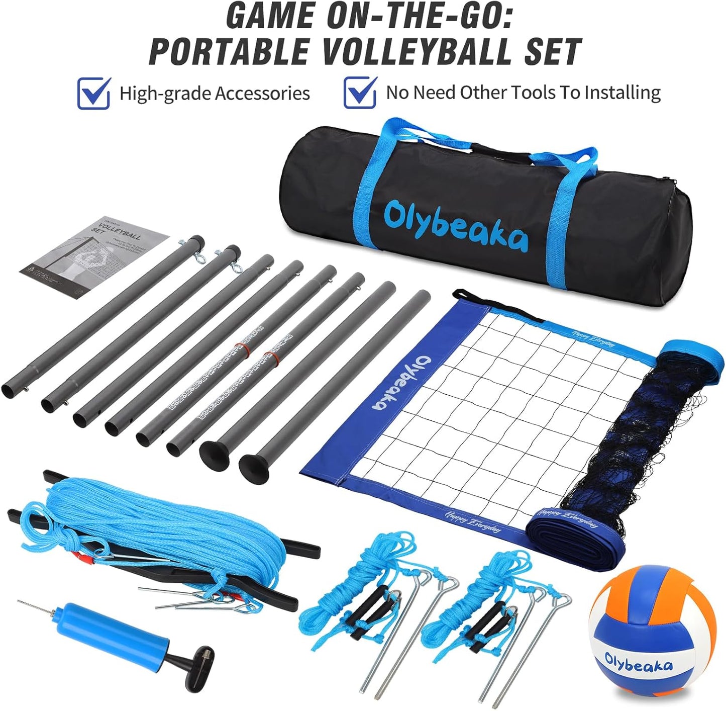 Portable Outdoor Volleyball Net Set System for Backyard Beach with Heavy Duty Poles, Durable Net, PU Volleyball & Pump, Carry Bag