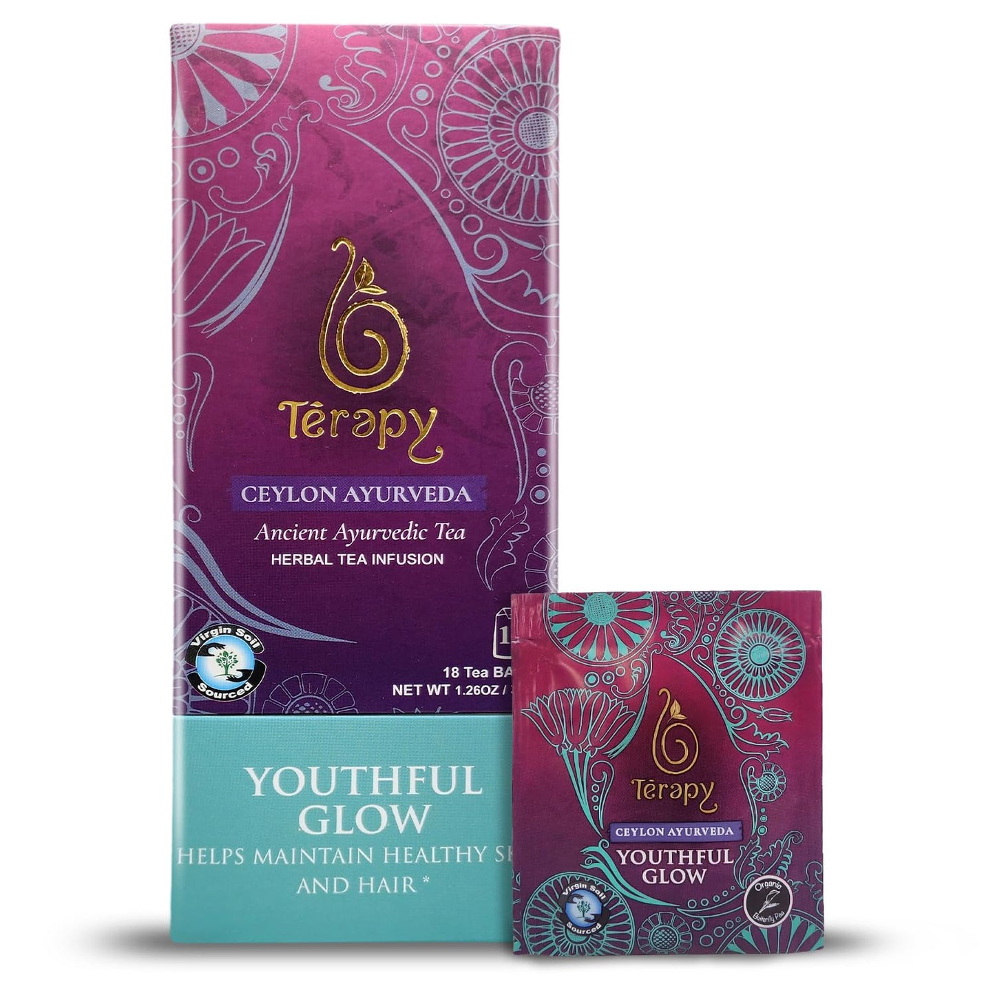 Tรฉrapy Ceylon Youthful Glow Herbal Tea Bags | Helps Maintain Healthy Skin and Hair | 100% Natural Blue Butterfly Peas, Licorice Root, Green Tea & More | Individually Wrapped Organic Tea Bags |18 Count