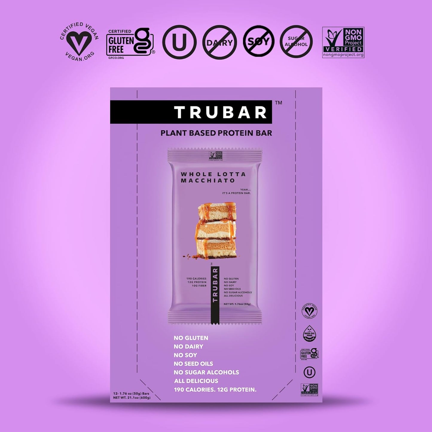 TRUBAR Vegan Protein Bar, Whole Lotta Macchiato, Gluten Free, Plant Based Protein, Dairy Free, Non GMO, Soy Free, No Sugar Alcohols, 12G Protein, 12G Fiber, 23G Carb, On the Go Snack Bars, 12 CT