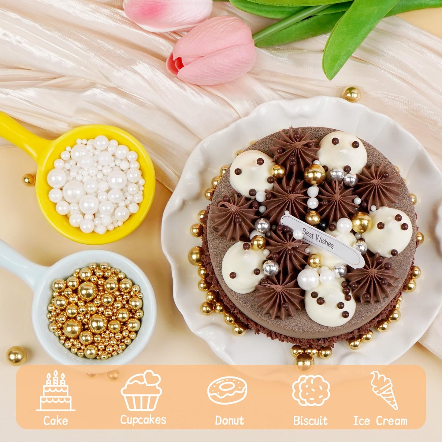 Edible Pearl Sugar Sprinkles for Cake Decorating, Mix 4 Colors Gold White Silver and Black Pearls Sprinkles for Cupcake, Cookie, Baking Cake Decorations, 160g/5.64oz, Holiday, Wedding Party Supplies