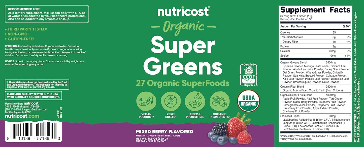 Nutricost Organic Super Greens Powder (30 Servings) Mixed Berry Flavor - Superfood Supplement Drink Mix