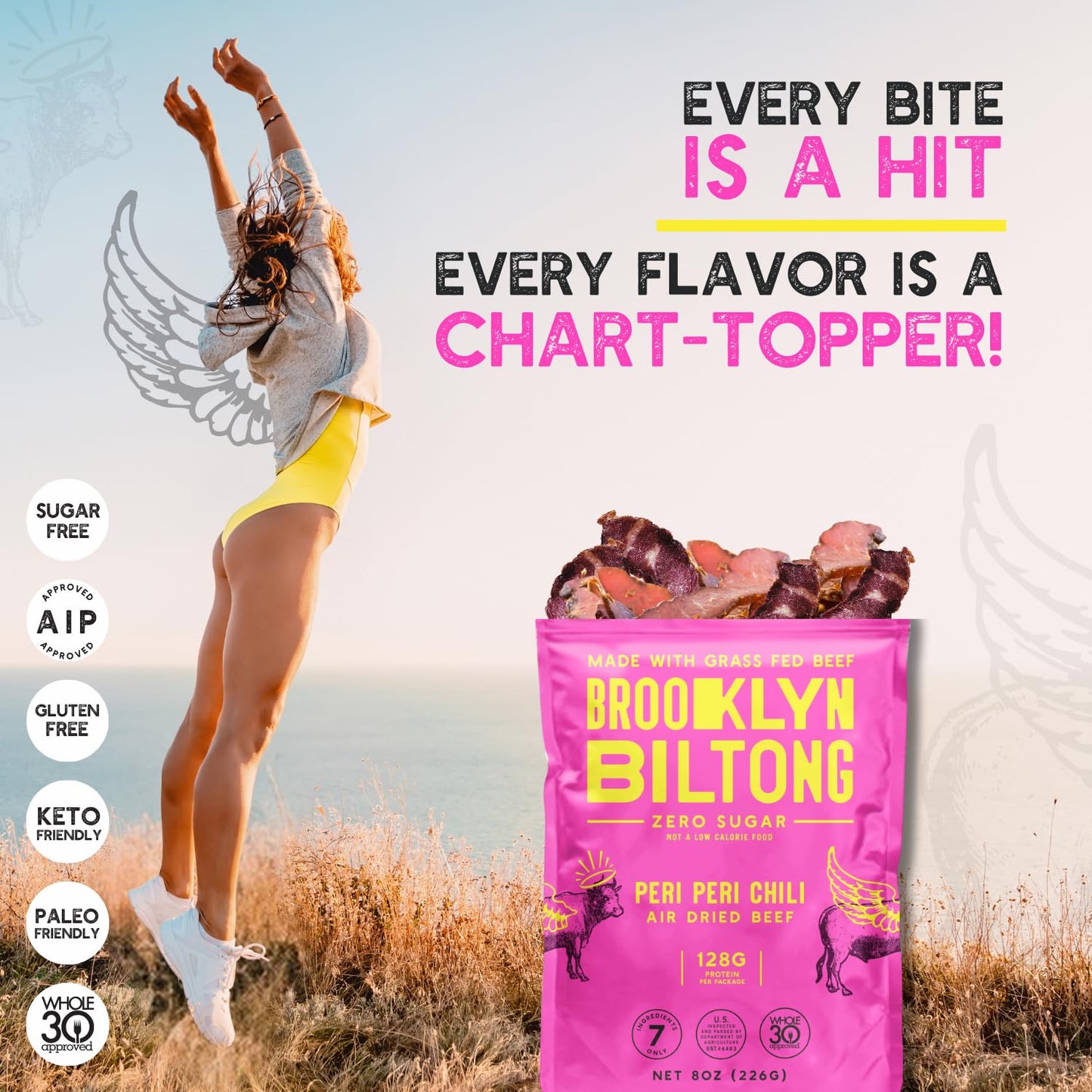 Brooklyn Biltong Air Dried Grass Fed Beef Snack, South African Beef Jerky (2 oz, Pack of 2) - Whole30 Approved, Paleo, Keto, Gluten Free, Sugar Free, Made in USA - (Peri Peri)