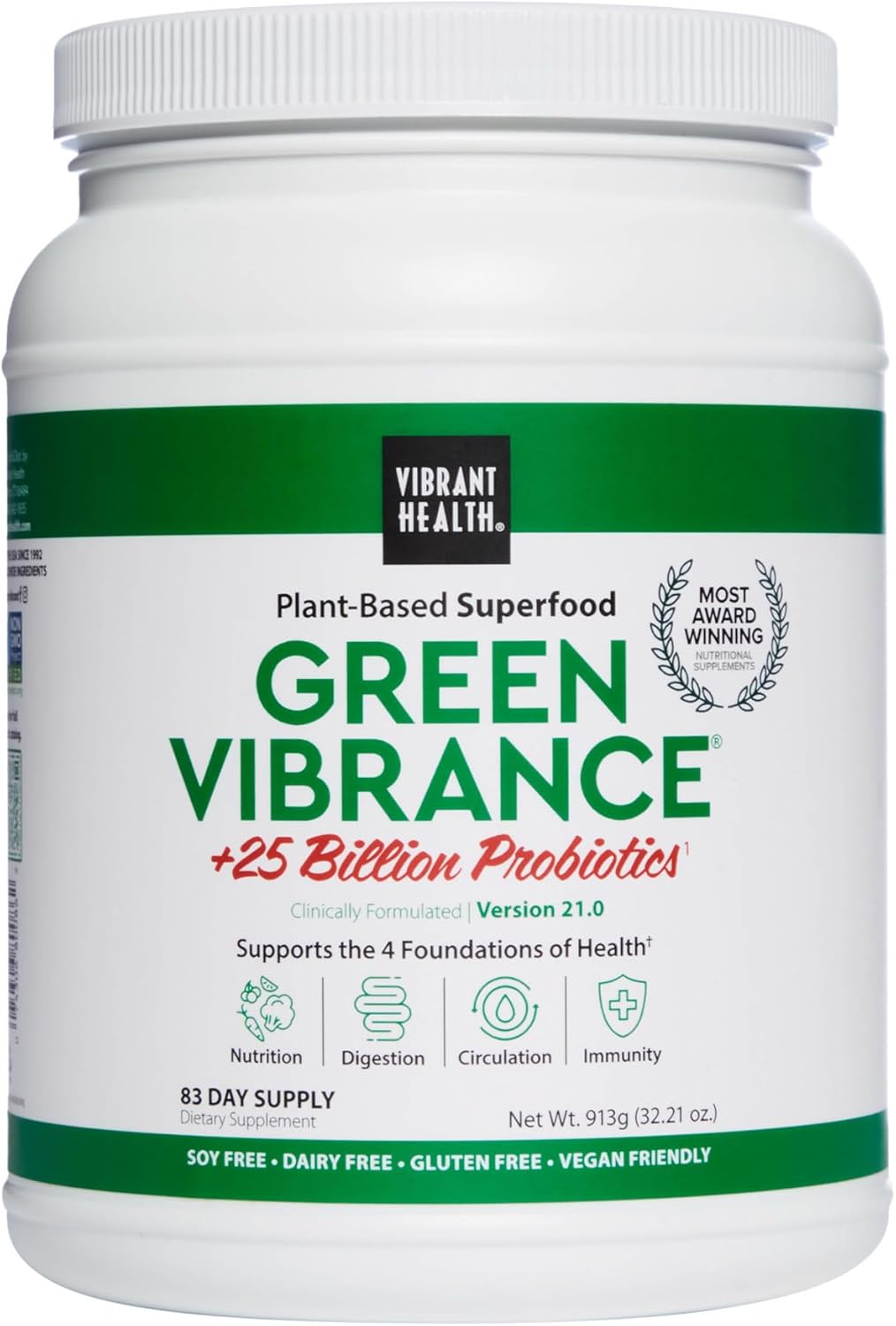 Vibrant Health, Green Vibrance, Includes 65 Plant-Based Superfoods, 25 Billion Probiotics, Fiber, Adaptogens & Enzymes, 83 Servings (FFP)