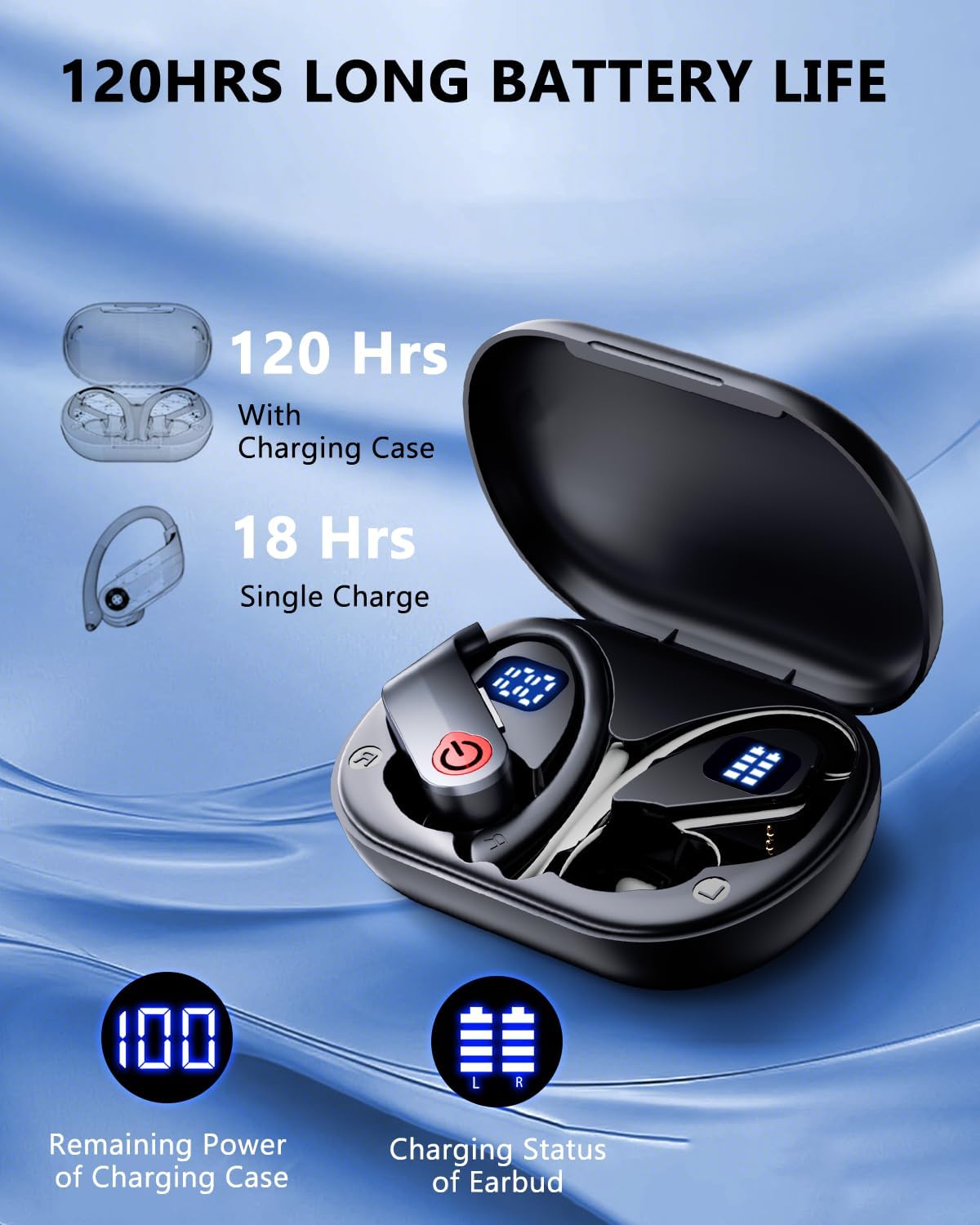 EUQQ Ear Buds Wireless Bluetooth Earbuds, Noise Cancelling Headphones 120H Playtime,IPX7 Waterproof Sports with Earhooks,LED Display Wireless Earphones for Running Gym Workout-Black