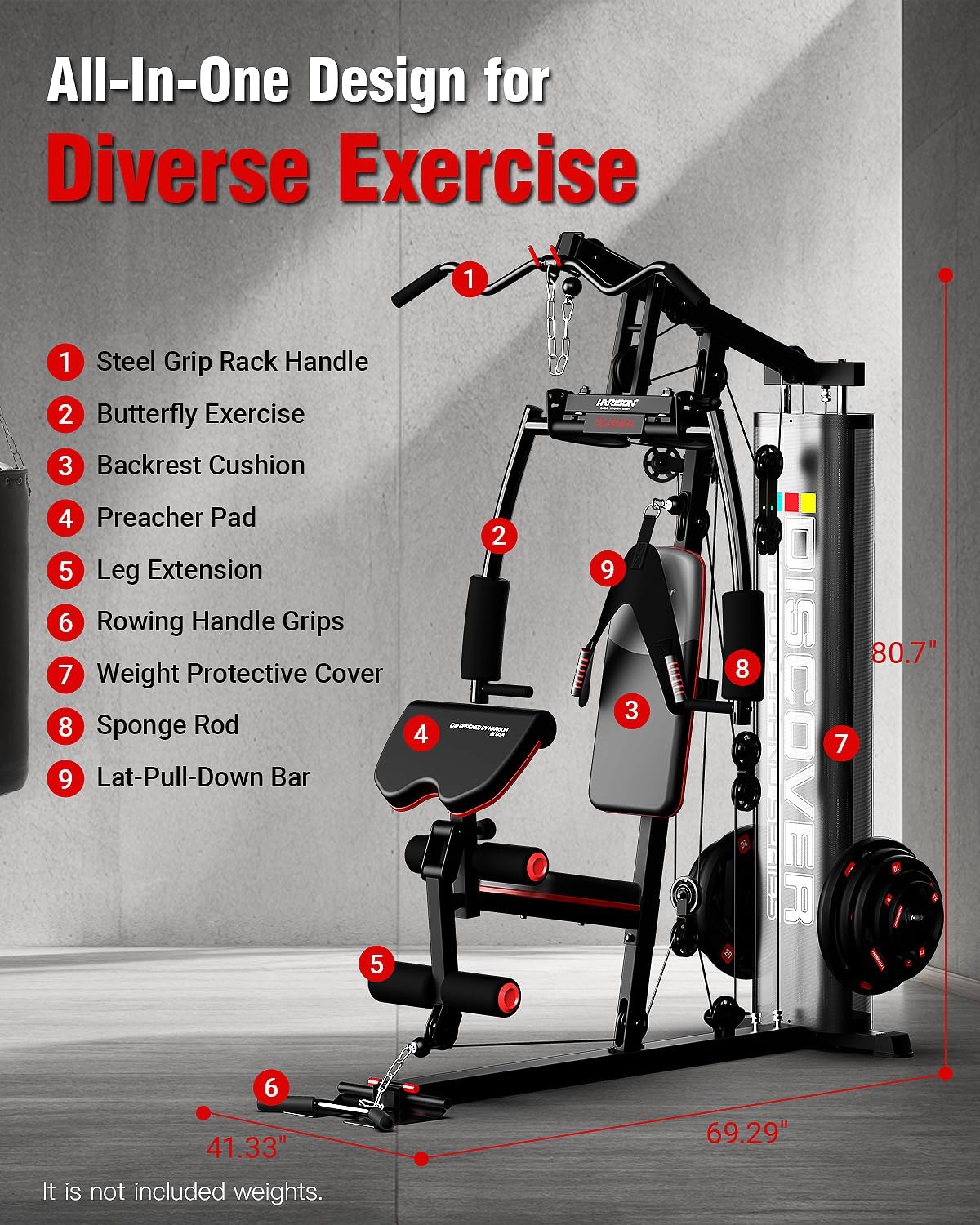 HARISON Home Gym - Full Body Workout Equipment, Exercise Equipment, Fitness Equipment, Multifunctional Home Gym Equipment for Home with Pulley System, Weight Bench, Rowing Machine