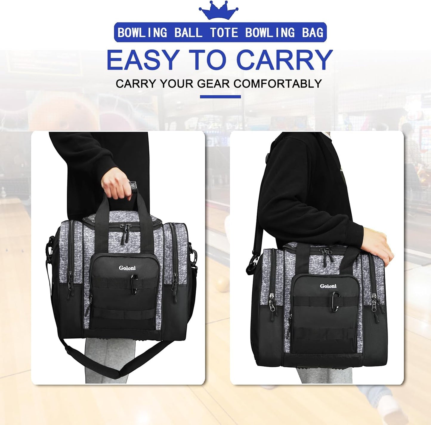 Goloni Bowling Ball Bag for Singer Ball with Padded Ball Holder, 2 Pockets fit Bowling Shoes Up to Mens Size 14 and Accessories