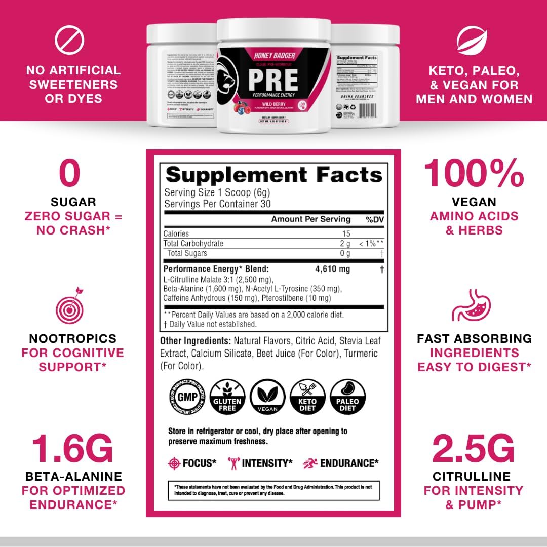 Honey Badger Pre Workout Powder, Keto Vegan Preworkout for Men & Women, Beta Alanine & Caffeine, Sugar Free Natural Energy Supplement, Wild Berry, 30 Servings