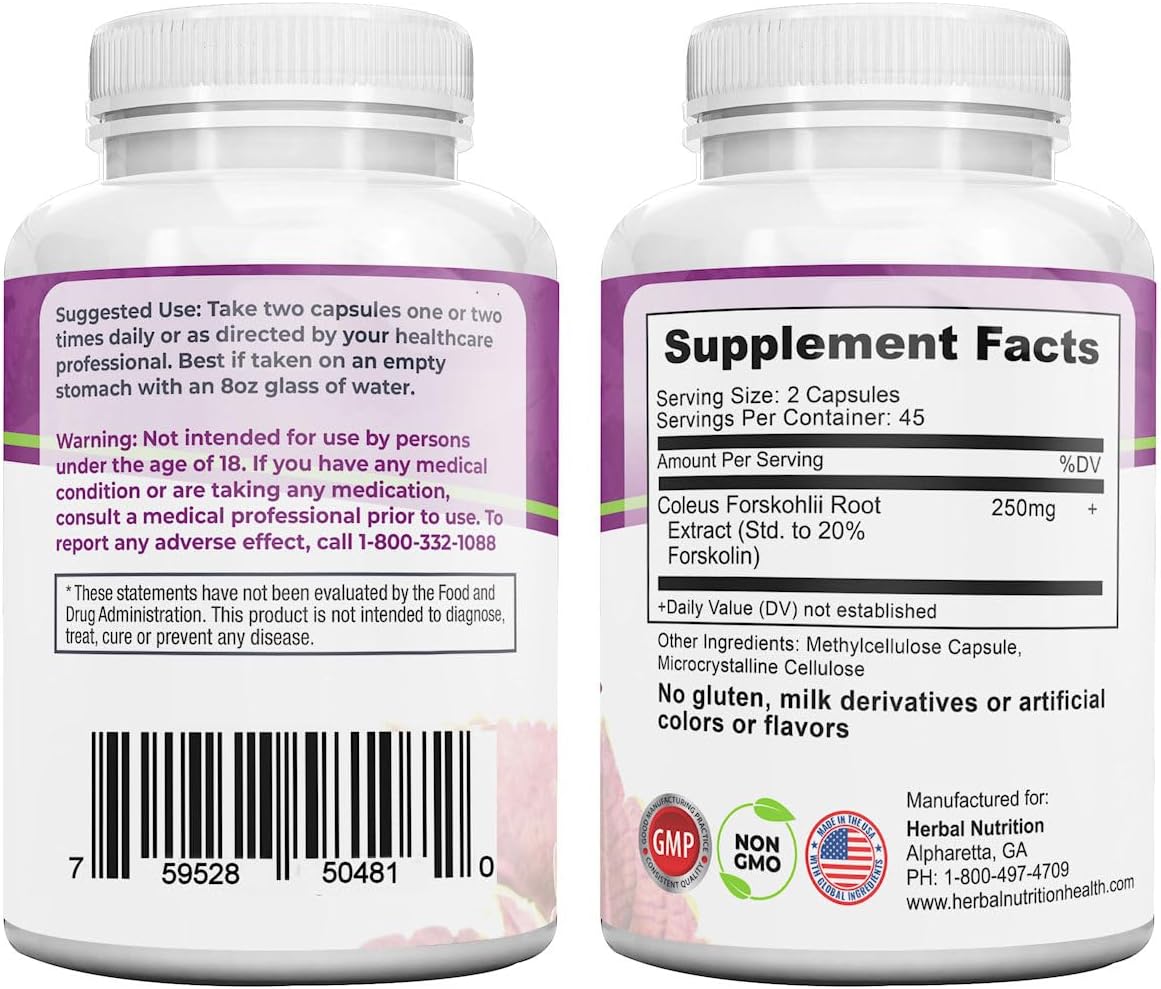 Forskolin for Weight Loss, 250mg-500mg Max Strength Forskolin Two Pack 90 Count Bottles, 20% Extract of Pure Forskolin, Ideal Diet and Athletes Formula!