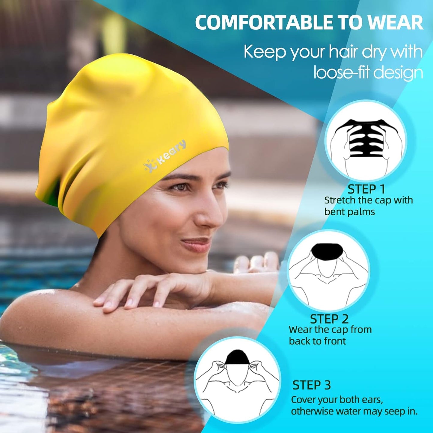Keary Extra Large Swim Cap for Braids and Dreadlocks Extensions Weaves Long Hair, Waterproof Silicone Cover Ear Bath Pool Shower Swimming Cap for Adult Youth to Keep Hair Dry, Easy to Put On and Off