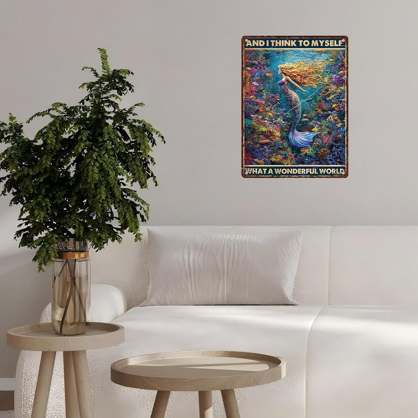 Retro Mermaid Tin Sign And I Think to Myself What a Wonderful World Vintage Metal Poster Funny Wall Art Toilet Bathroom Man Cave Bar Cafe Indoor Room Garage 12 * 16inch