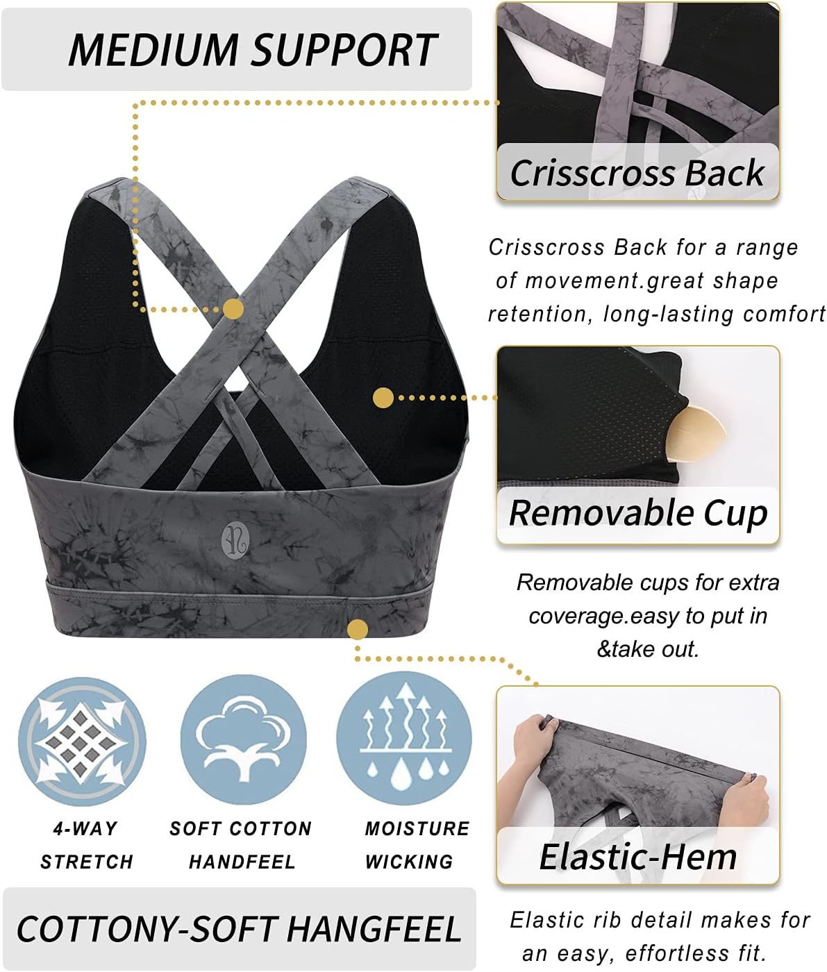 RUNNING GIRL Sports Bra for Women, Criss-Cross Back Padded Strappy Sports Bras Medium Support Yoga Bra with Removable Cups