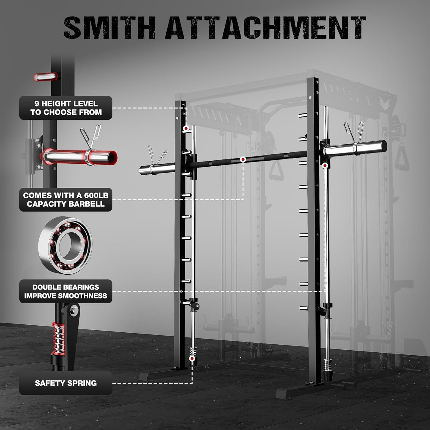 M21 Smith Machine, Multi-Function Power Cage with Dual Pulley Cable Crossover System, 2000LBS All-in-One Squat Rack with Smith Bar and Attachments