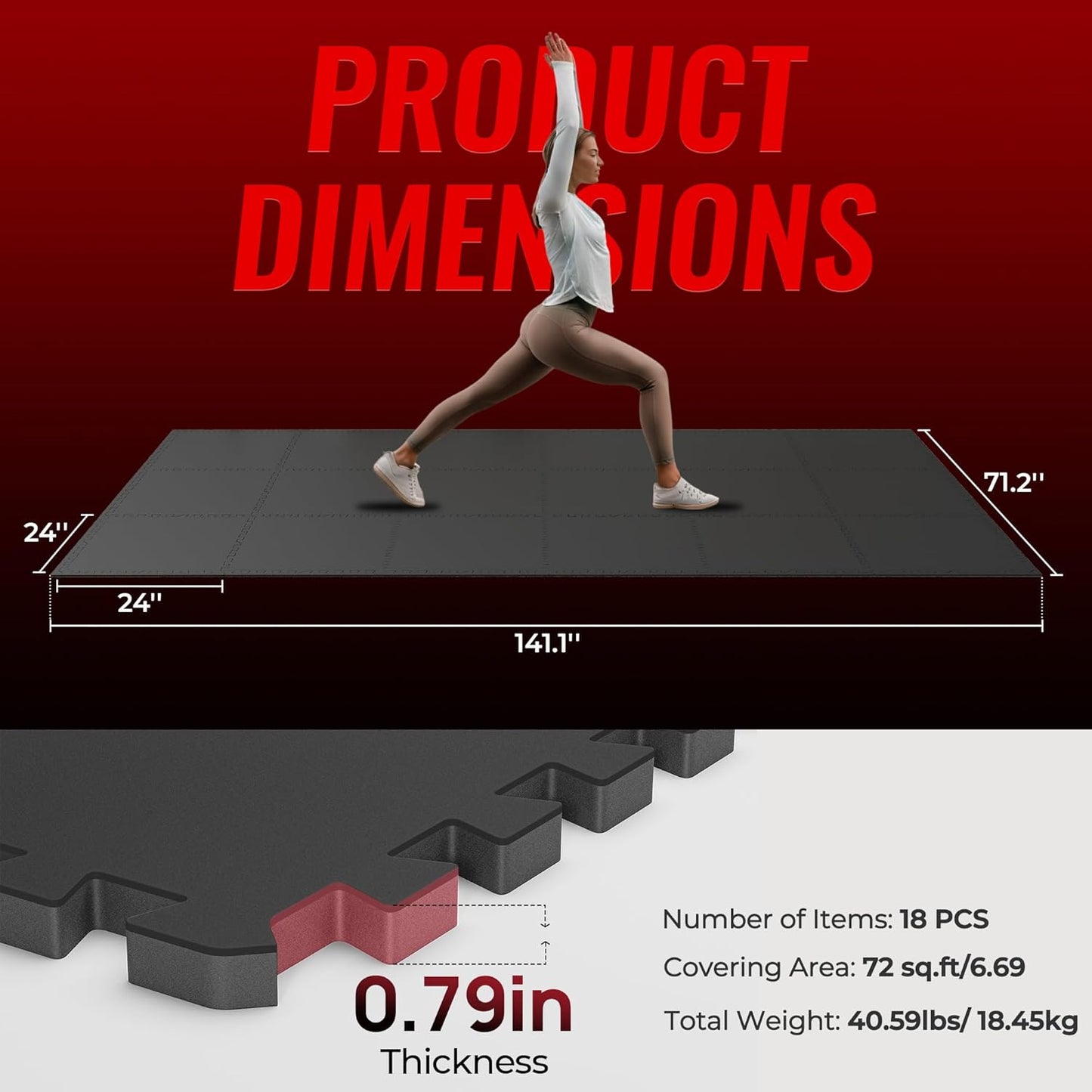 SUPERJARE 0.79'' Extra-Thick Exercise Equipment Mats, 18 Pcs 72 Sq Ft Rubber Top Floor Tiles with High Density EVA Foam, Interlocking Gym Flooring for Home Gym, Workout Mat, Black