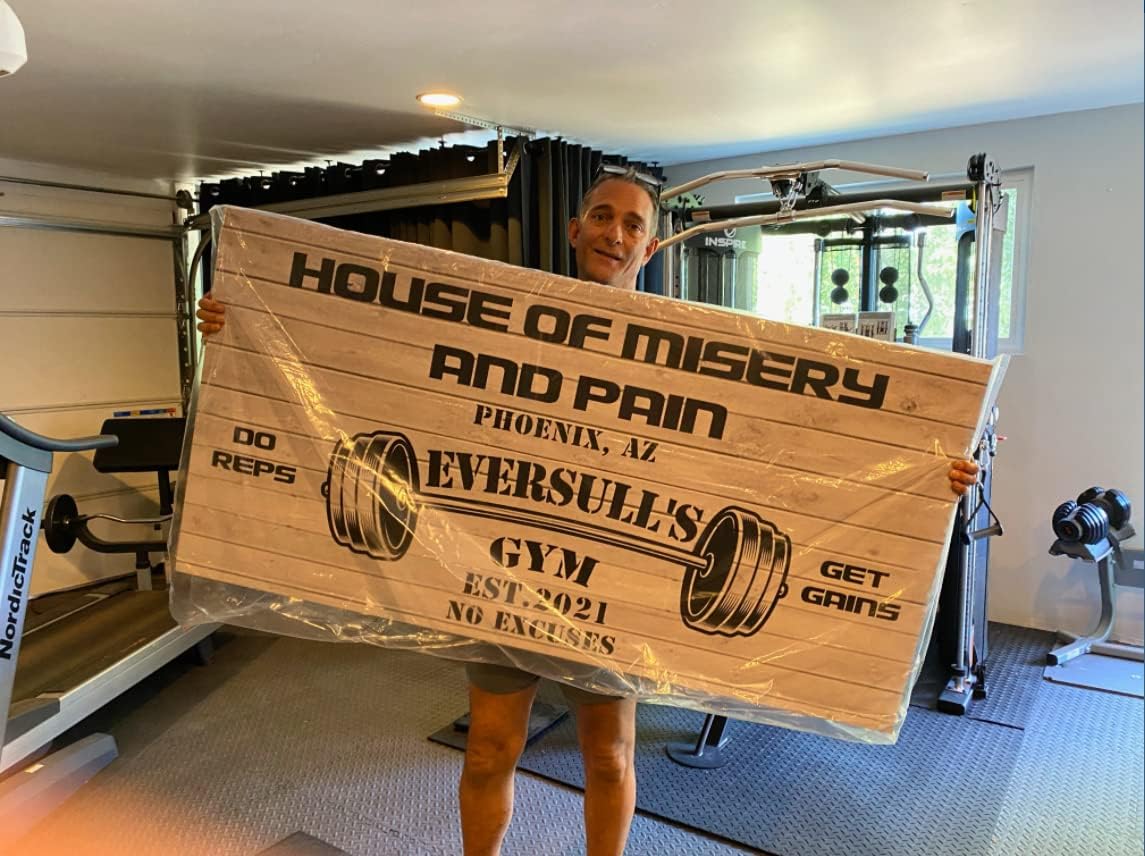 Tailored Canvases Personalized Gym Sign Wall Art Decor - Motivational Canvas for Home Gym, Workout Room, Garage, Fitness Center - Workout Inspirational Posters - House of Misery and Pain, White Wood 20x10in