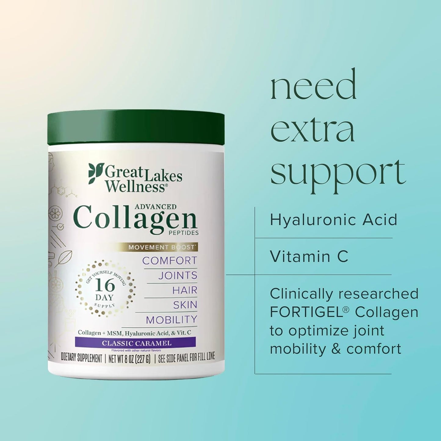 Great Lakes Wellness Movement Boost Advanced Collagen Peptides Powder with MSM, Hyaluronic Acid, Vitamin C - Joint Mobility & Comfort - Caramel Flavored - Non-GMO, Keto, Kosher - 8 oz