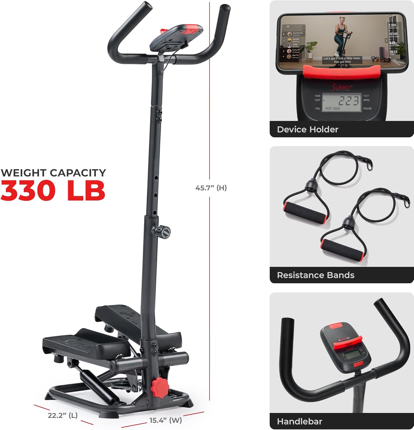 Sunny Health & Fitness Total Body 2-in-1 Smart Stepper Machine for Home with Handlebar and Resistance Bands, Total Body Workout, Adjustable Hydraulic, LCD Monitor, Non-Slip Pedals – 330 LB Max Weight