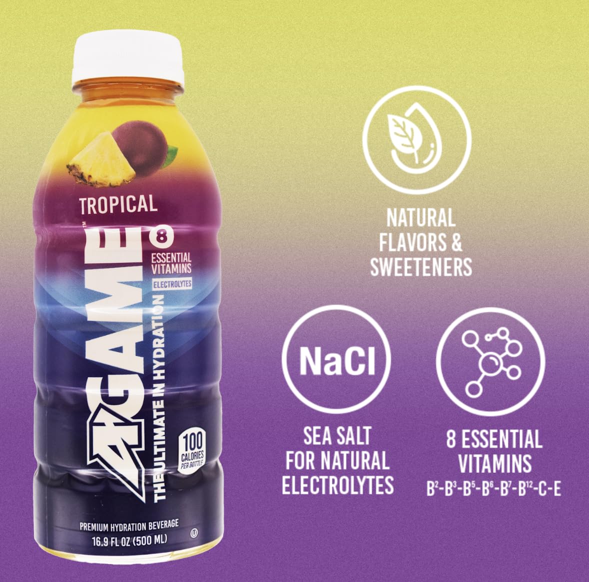 A-GAME Sports Drink, Tropical, The Ultimate Hydration Sports Beverage for Athletes, 8 Essential Vitamins including B, C, & E plus Natural Sea Salt Electrolytes, All Natural Flavors & Sweeteners, Gluten Free, 16.9 Fl Oz (Pack of 12)