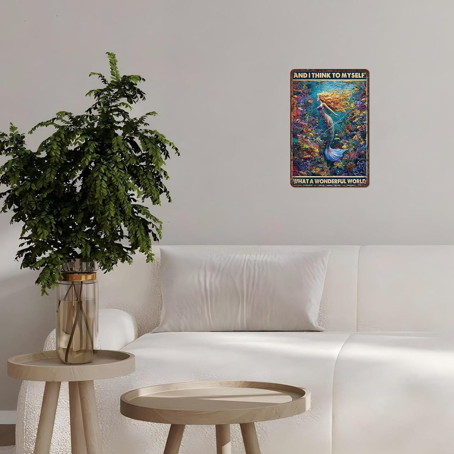 Retro Mermaid Tin Sign And I Think to Myself What a Wonderful World Vintage Metal Poster Funny Wall Art Toilet Bathroom Man Cave Bar Cafe Indoor Room Garage 12 * 8inch