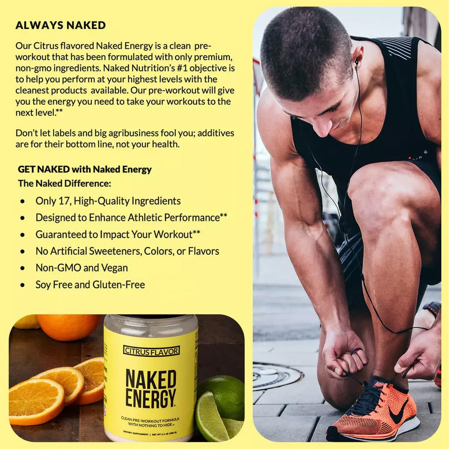 NAKED Citrus Energy - Citrus Flavored Clean Pre Workout Supplement for Men and Women, Vegan Friendly, No Added Sweeteners, Colors Or Flavors - 30 Servings