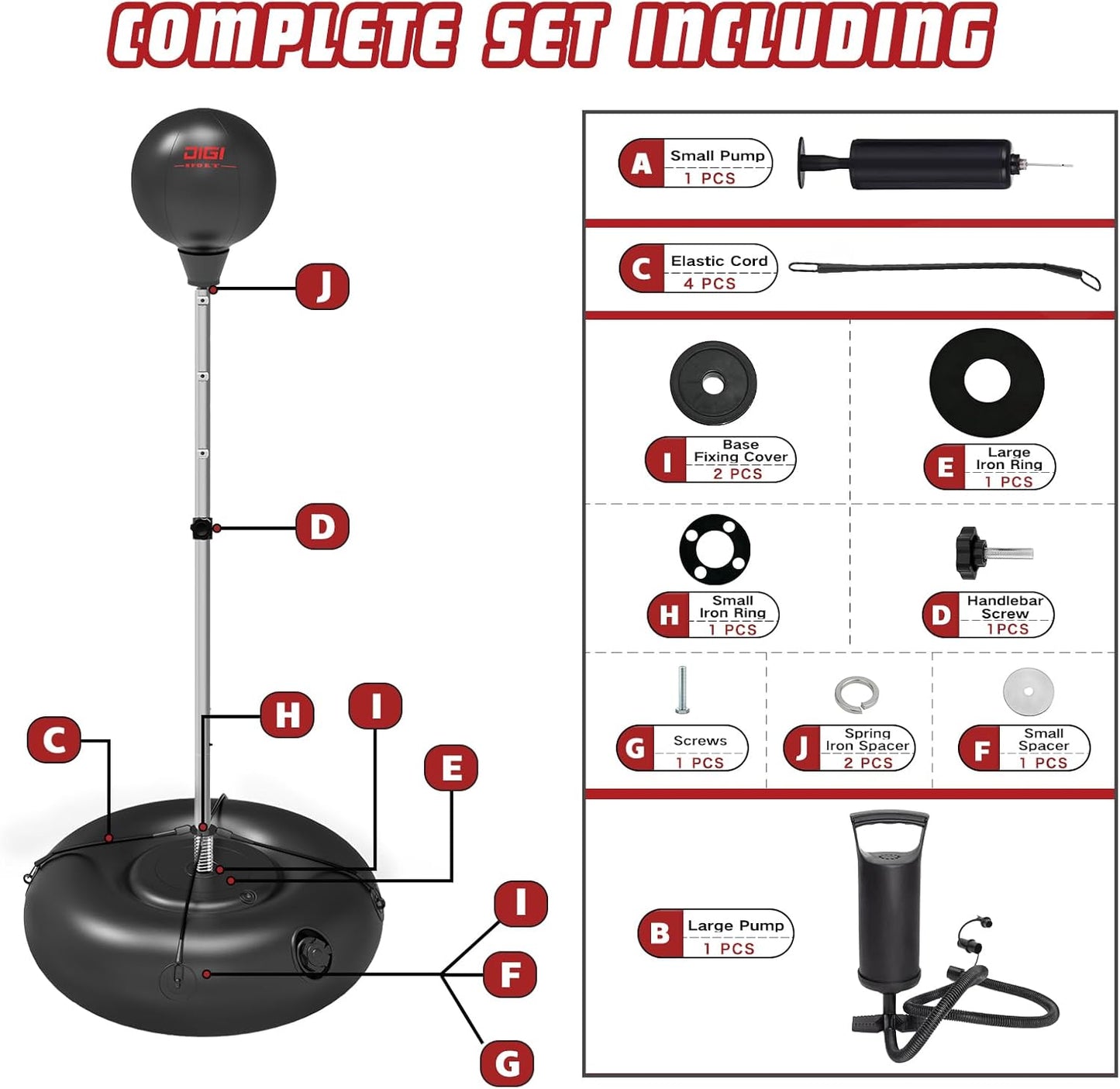 Punching Bag with Stand for Adults and Teens, Height Adjustable, Speed Bags for Boxing with Hand Pump and 4 Elastic Cords, Boxing Punching Bag for Training, Stress Relief and Fitness