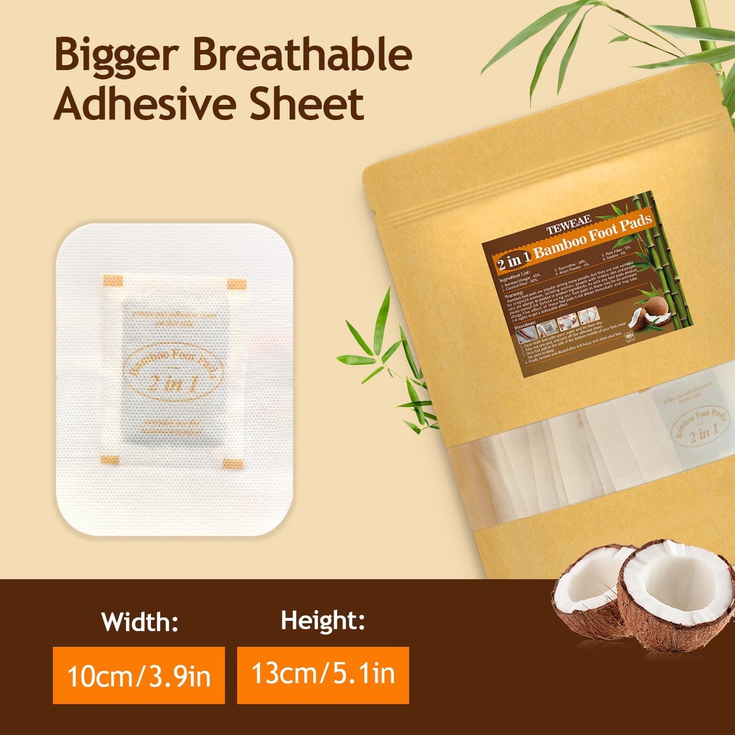 2 in 1 Foot Pads, 124 Pads Bamboo Vinegar Coconut Shell Powder Foot Pads with ''Stay in Place'' Bigger Adhesive Sheet