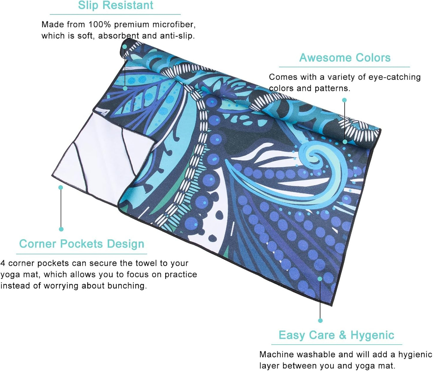 QiyI Yoga Mat Towel with Corner Pockets, Non Slip Sweat Absorbent Hot Yoga Towels, Soft Yoga Blankets with Travel Bag, Skidless Mat Cover for Workout, Gym, Fitness - 70"x26", Vintage Paisley