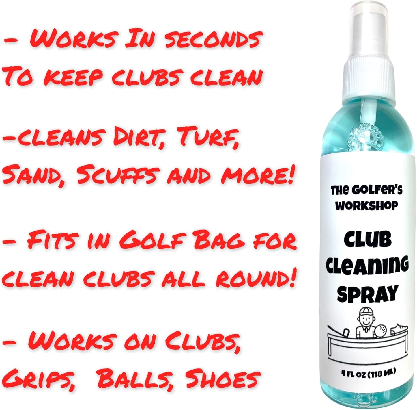 The Golfer's Workshop 4oz Club Cleaning Spray and Golf Club Brush with Groove Cleaner, 2ft Retractable Zip-line, Carabiner Clip