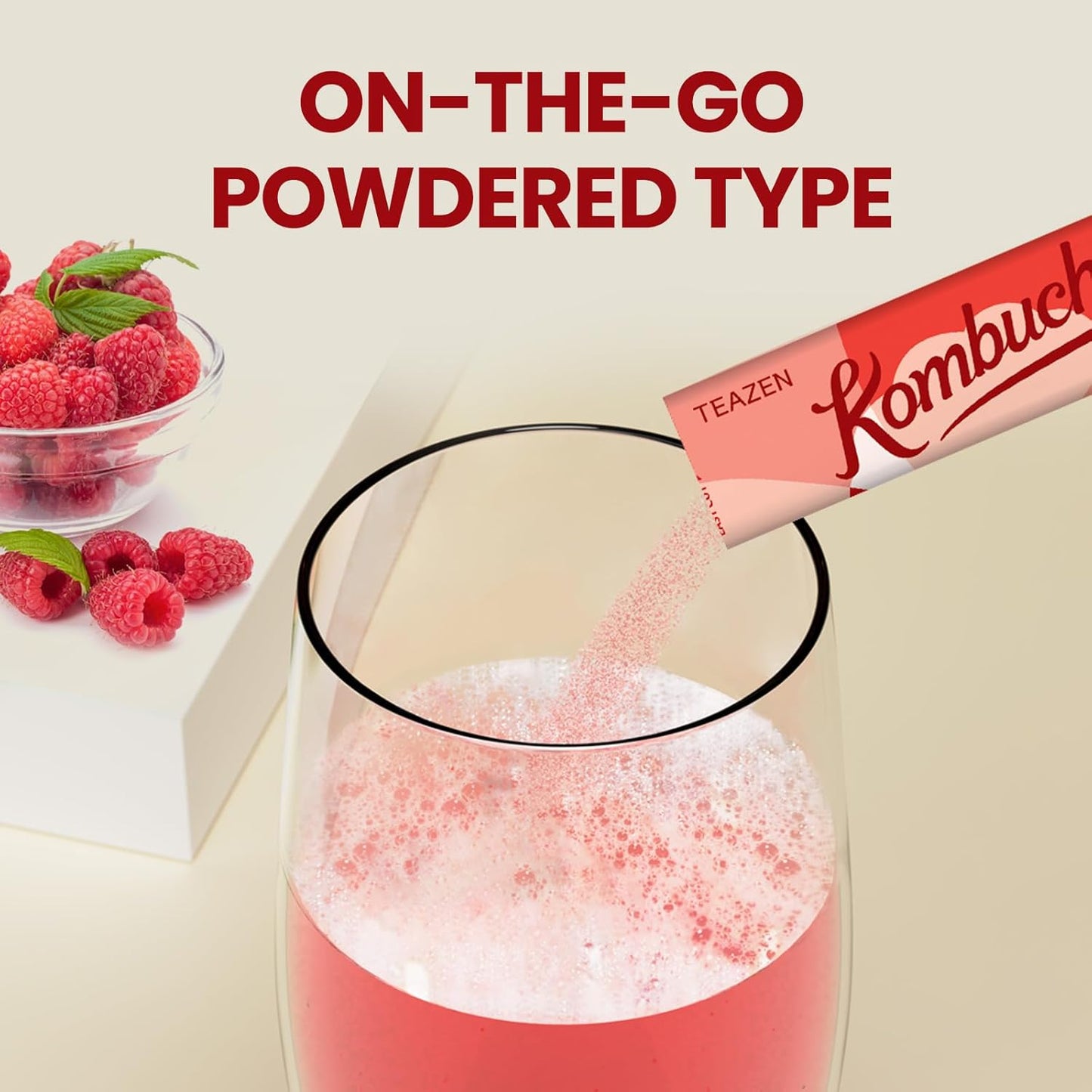 TEAZEN Raspberry Kombucha Tea, Hydration Drink Mix, Sugar Free, Live Probiotics & Prebiotics, 30 Sticks, 5.29oz