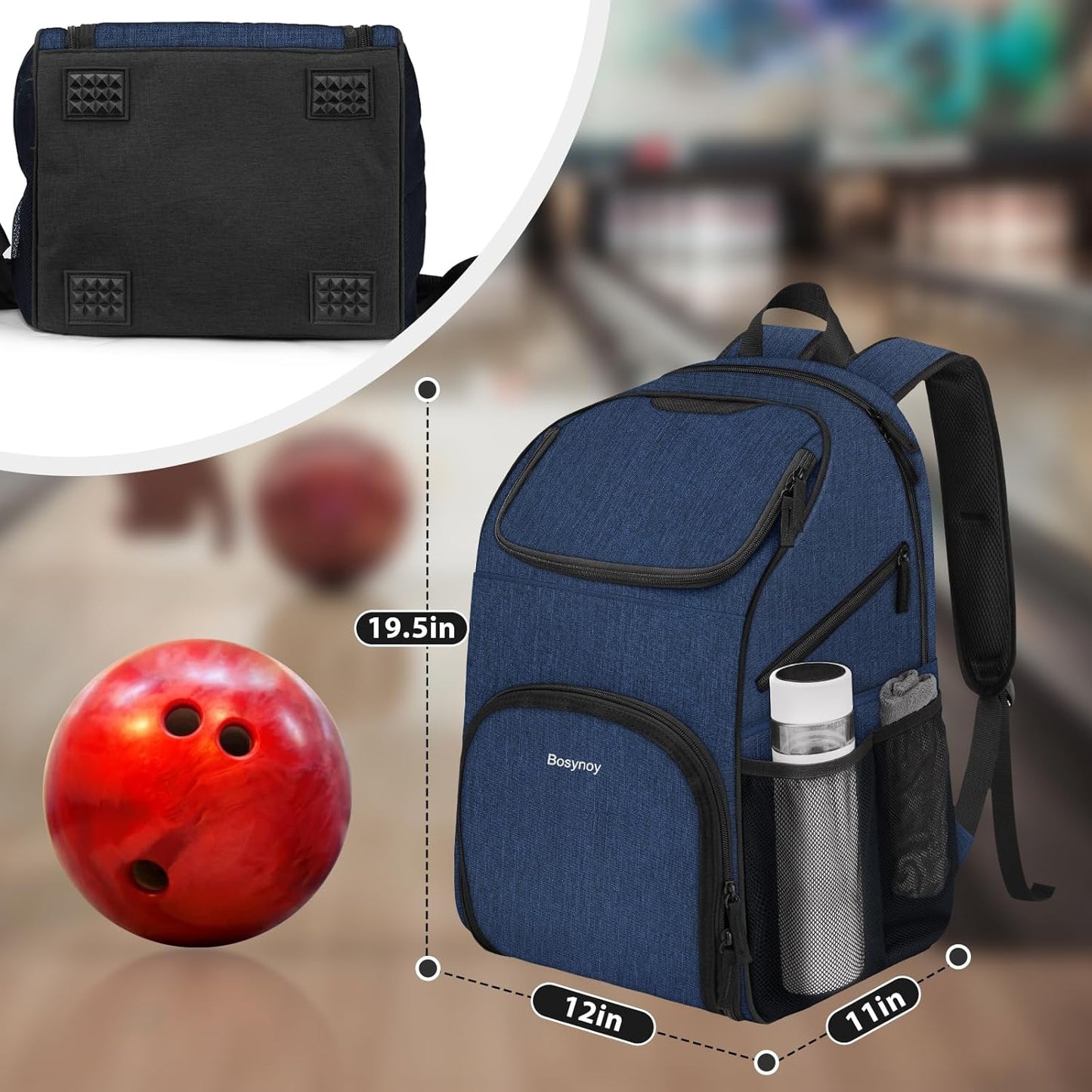 Bosynoy Bowling Backpack, Bowling Ball Bag Totes for Single Ball with Shoe Compartment & Foam Padded, Fits Shoes Up to US Mens Size 16, Grey