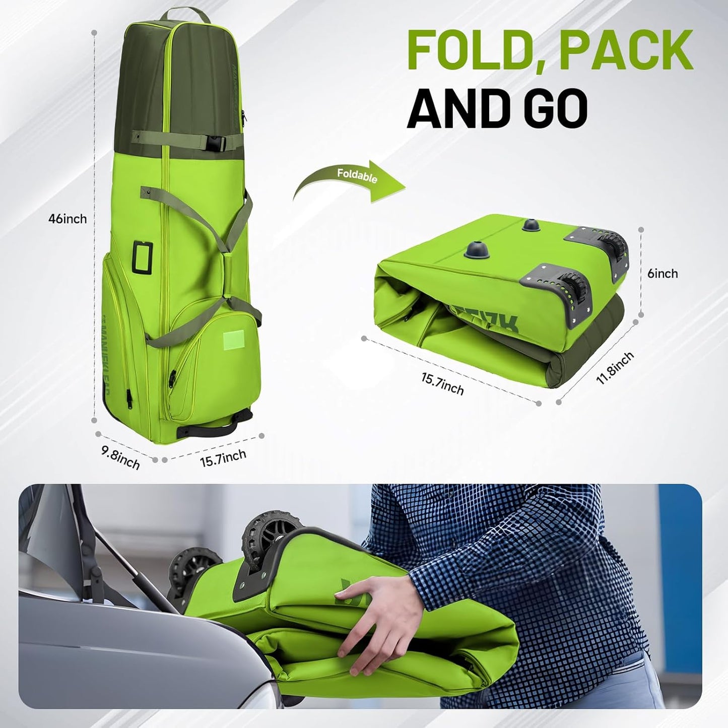 MANUEKLEAR 1680D Nylon Travel Golf Bags Club for Airlines with Wheels, Golf Travel Bags for Airlines with Padded Top, Golf Travel Case Cover with 3 Large Pocket for Golfer