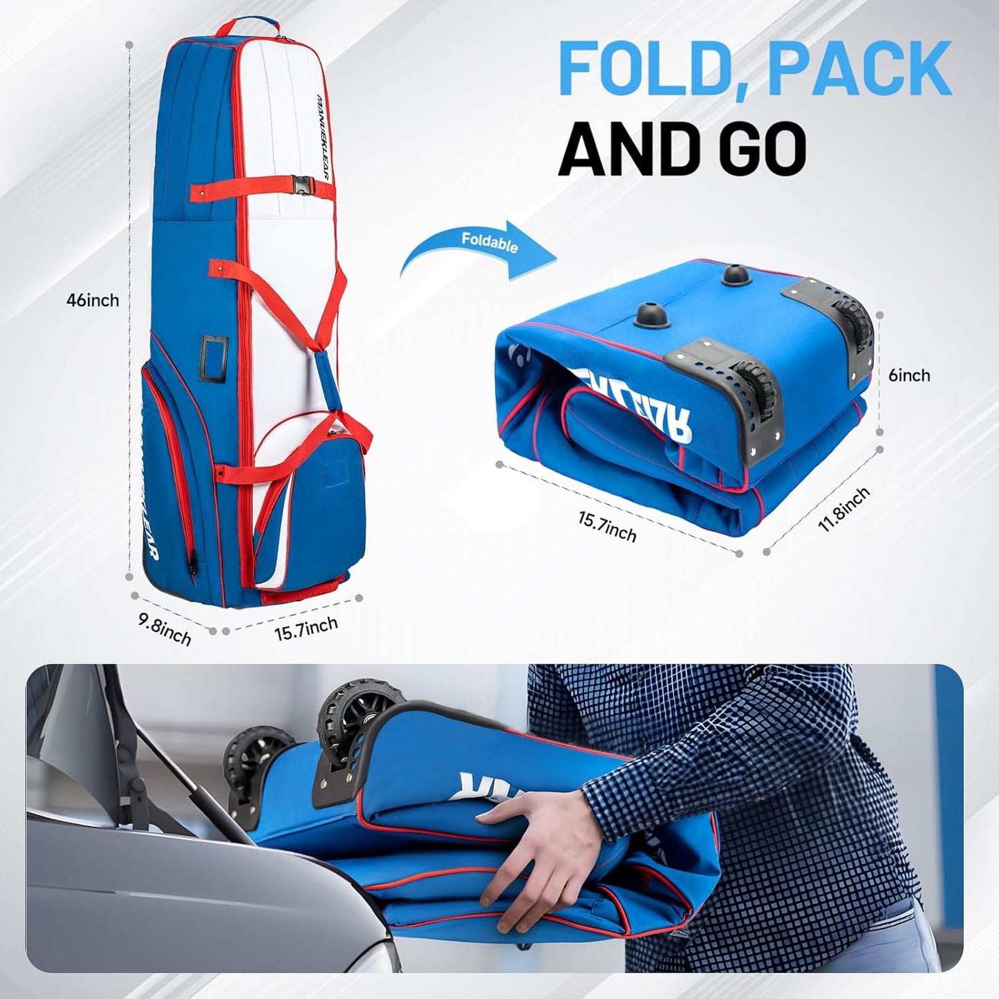 MANUEKLEAR 1680D Nylon Travel Golf Bags Club for Airlines with Wheels, Golf Travel Bags for Airlines with Padded Top, Golf Travel Case Cover with 3 Large Pocket for Golfer