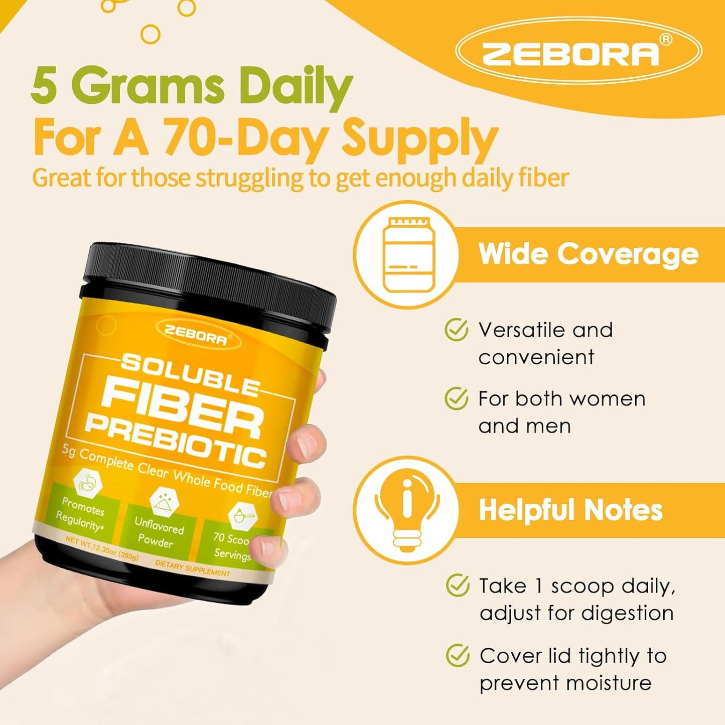 ZEBORA Fiber Supplement Powder, Soluble Prebiotic Fiber Powder Unflavored with Acacia for Digestive Health, Regularity and Hunger Control No Sugar Added, No Grit, Gluten Free, 70 Servings