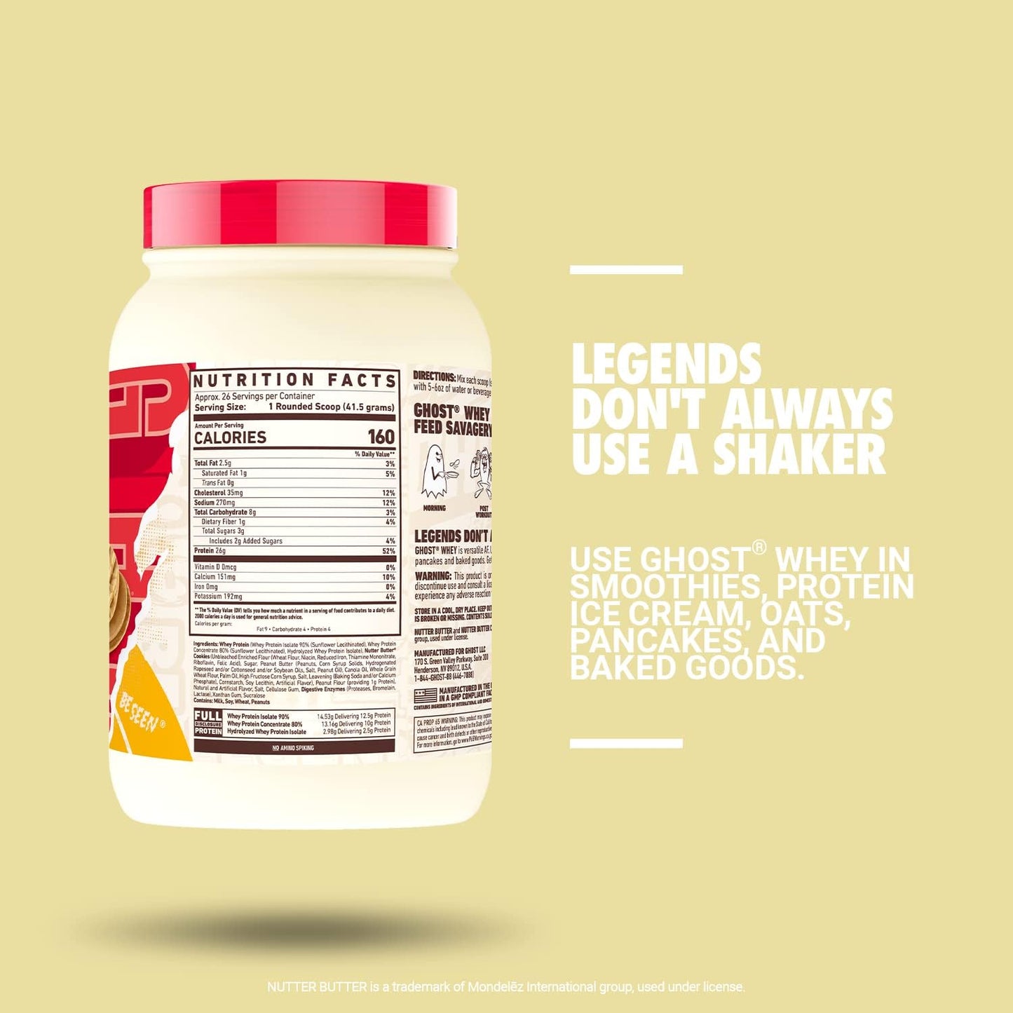 GHOST Whey Protein Powder, Nutter Butter - 2LB, 26G of Protein - Whey Protein Blend - Post Workout Fitness & Nutrition Shakes, Smoothies, Baking & Cooking - Cookie Pieces Inside