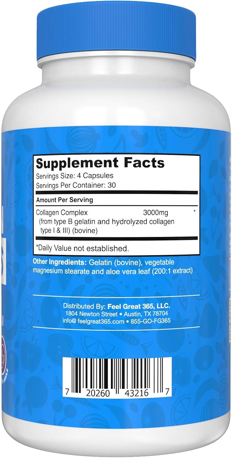 Hydrolyzed Collagen Peptides Powder Capsules (Type I &III) by Feel Great Vitamin Co. | Wheat Free, Keto & Paleo Friendly | Collagen Powder Supplement for Hair, Skin and Nails*