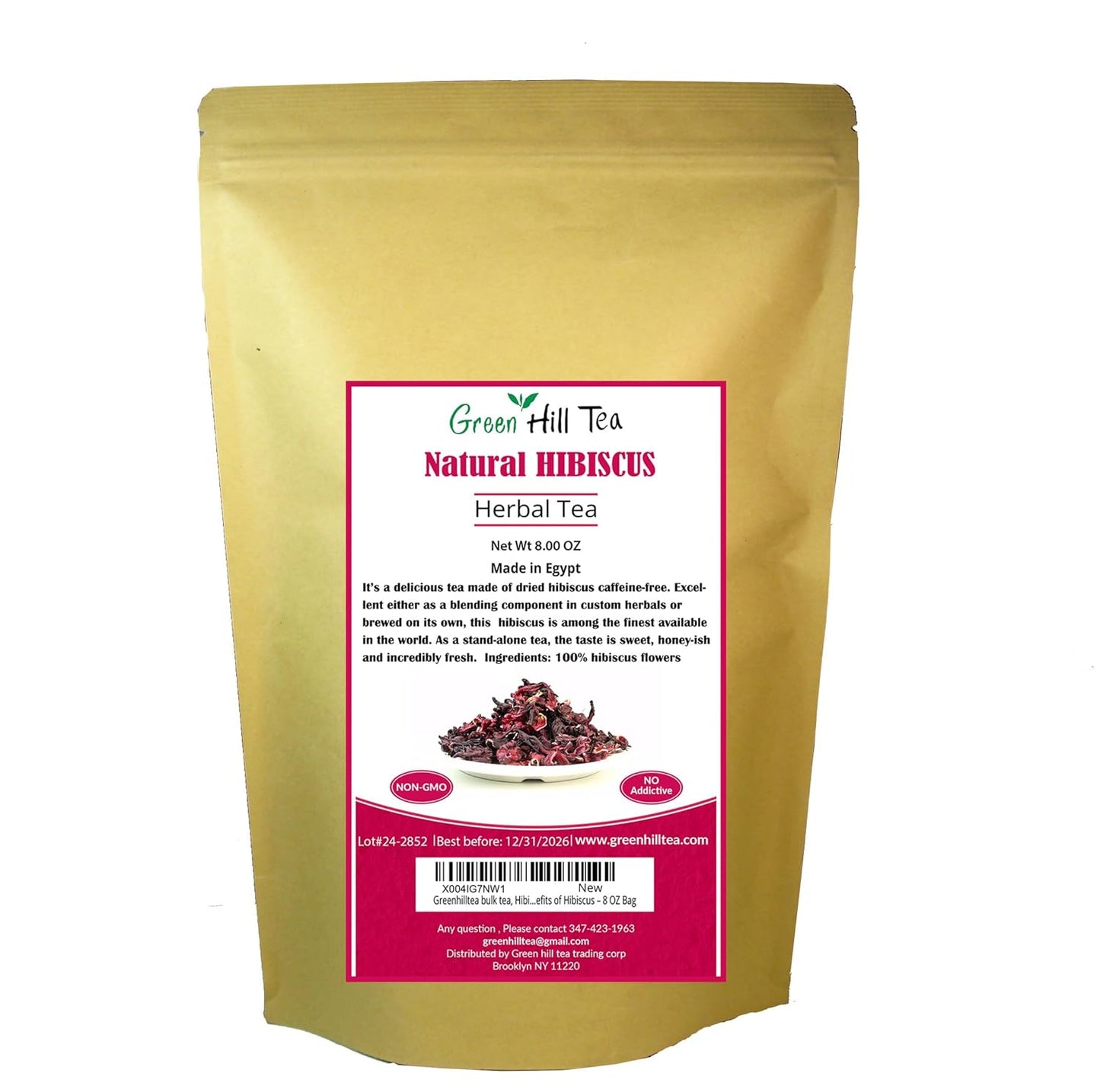 Greenhilltea bulk tea, Hibiscus herbal Tea, Fully natural and healthy loose leaf tea contains benefits of Hibiscus – 8 OZ Bag