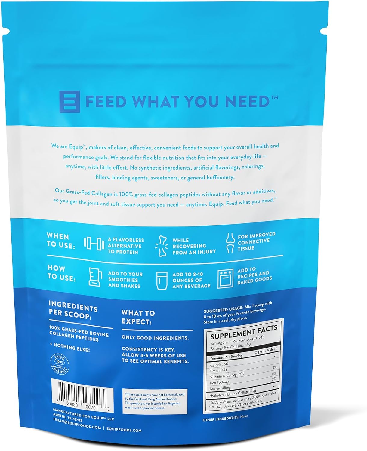 Equip Foods Grass Fed Collagen Powder | Hydrolyzed Bovine Collagen Peptides with Amino Acids | Prime Beef Collagen for Healthy Joints, Skin & Nails | Non-GMO, Paleo Friendly | 30 Servings, Unflavored