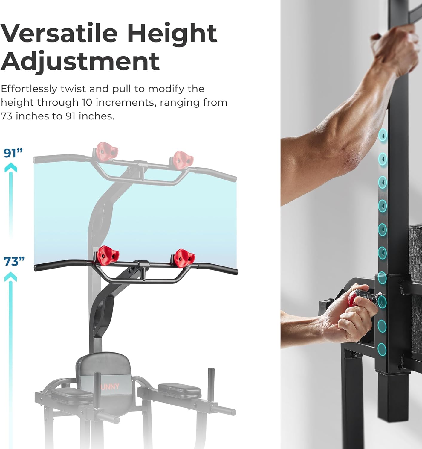 Sunny Health & Fitness Power Tower, Dip Bar, Push-Up & Pull Up Assisting Parallette Station w Optional Rock Climbing Grip Trainer