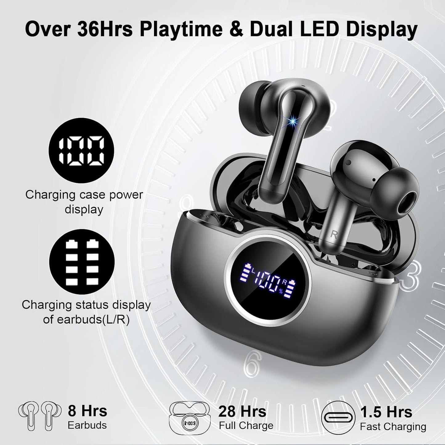 Wireless Earbuds, 2025 Bluetooth 5.4 Headphones 3D Bass Hi-Fi Stereo Ear Buds, 4 ENC Noise Cancelling Mic, 40+Hrs USB-C in-Ear Earphone, IP-X7 Waterproof Sport Workout Gym for Laptop Pad Android iOS