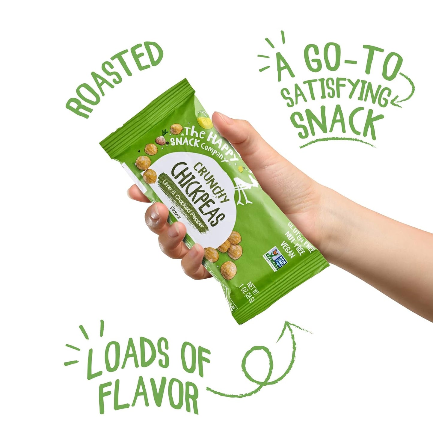 The Happy Snack Company Crunchy Chickpeas Variety Pack 24 x 1 oz ( Sea Salt & Balsamic Vinegar Flavor and Lime & Cracked Pepper Flavor). 5g Plant Based Protein & 120 Cals. Gluten, Nut & Dairy Free, Non-GMO and Vegan.