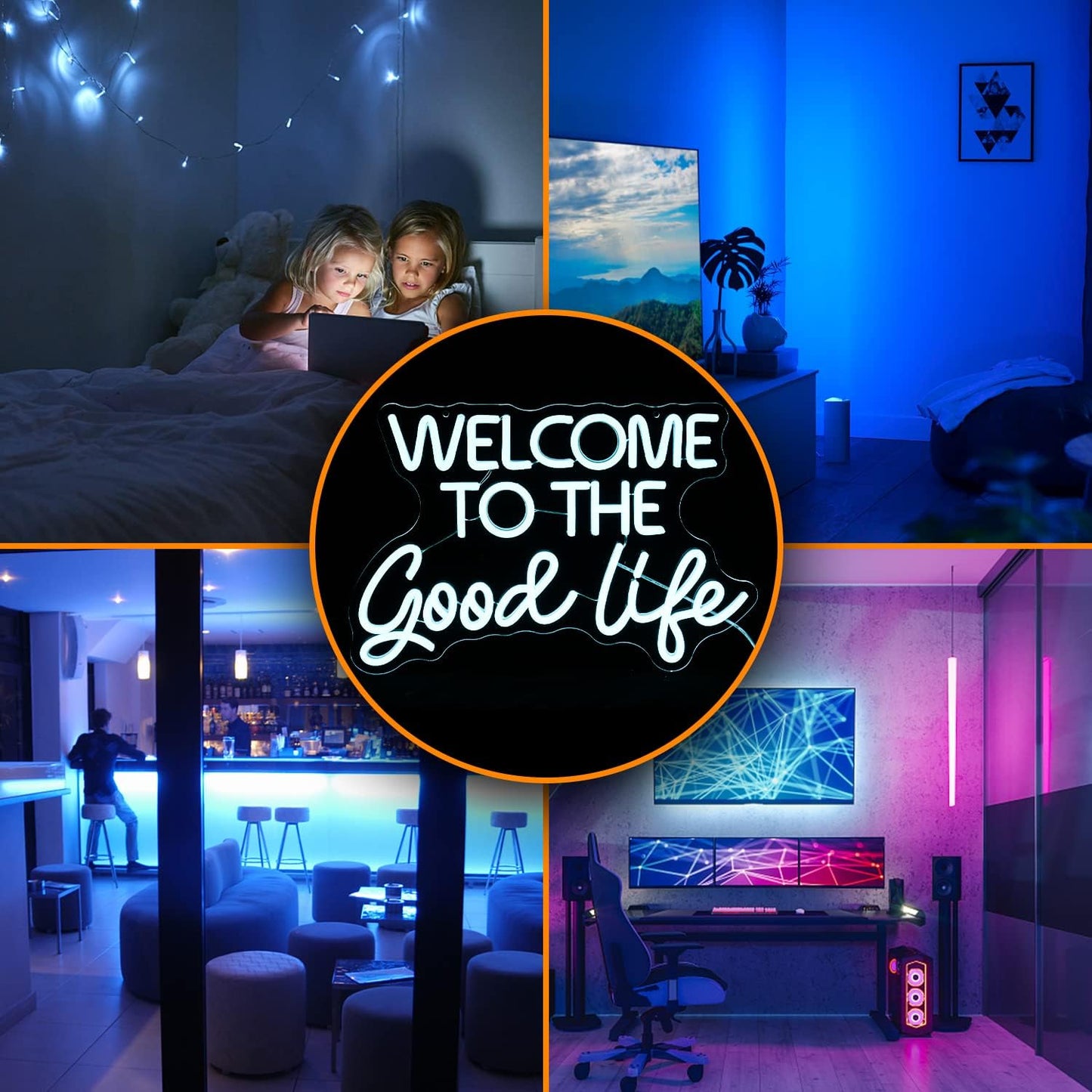 Welcome To The Good Life Neon Sign Letter LED Neon Lights Dimmable USB Powered 16.5’’X11’’Cool Wall Decorative Light Bedroom Kids Room Birthday Party Bar Decoration Gifts for Friend(Ice blue)