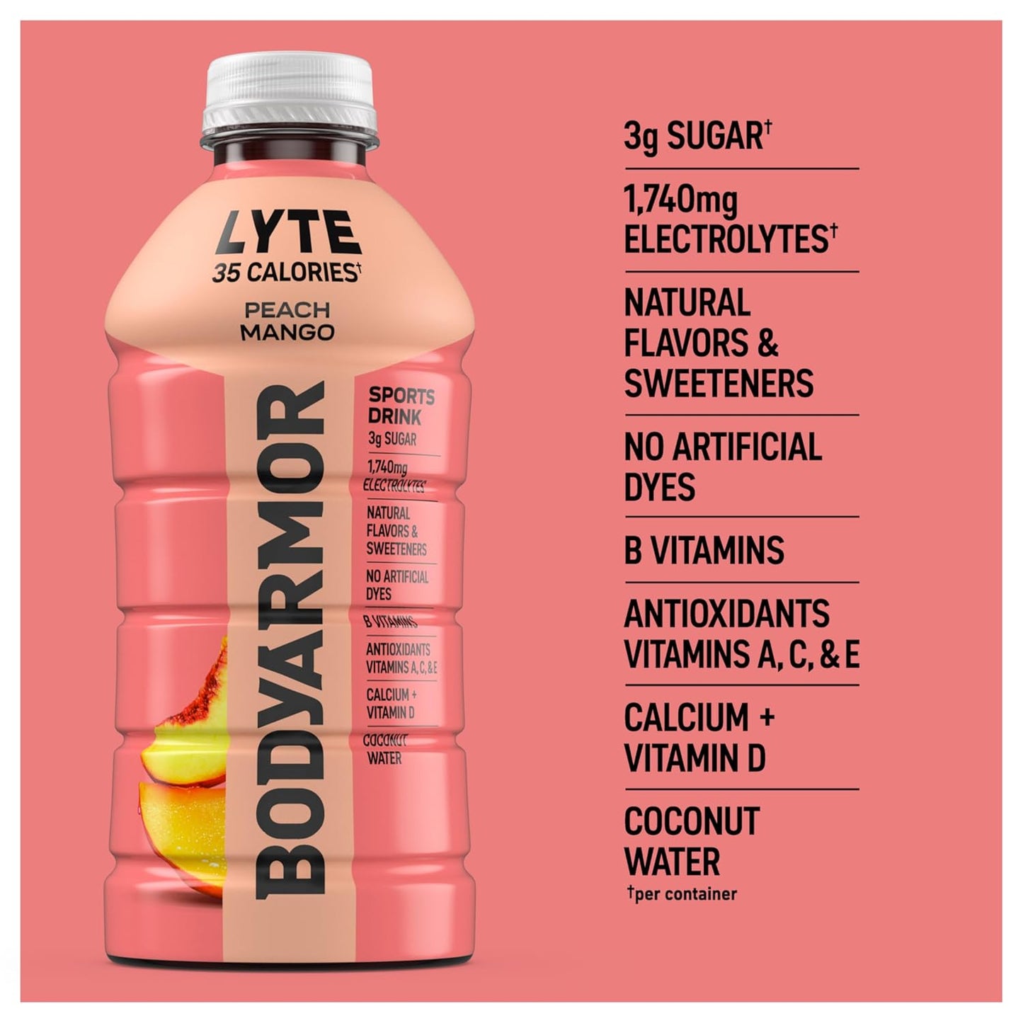 BODYARMOR LYTE Sports Drink Low-Calorie Sports Beverage, Peach Mango, Coconut Water Hydration, Potassium-Packed Electrolytes, Perfect For Athletes, 28 Fl Oz (Pack of 15)