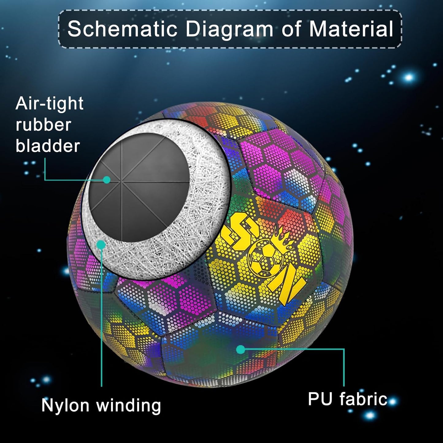 Soccer Ball, Holographic Reflective Glowing Soccer Ball for Men Women Training