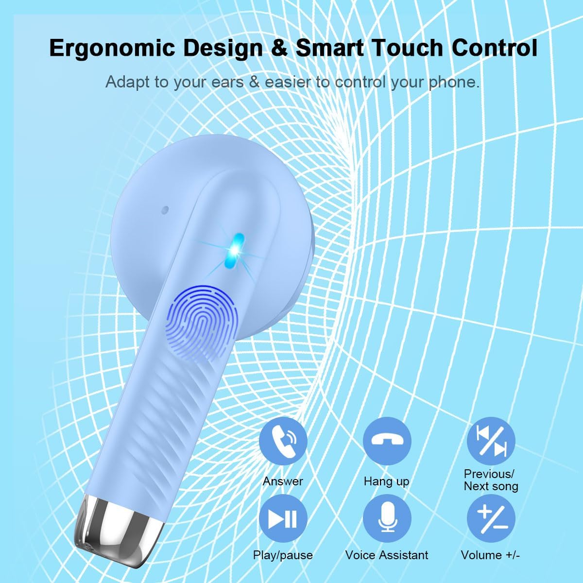 Wireless Earbuds, Bluetooth 5.4 Headphones in Ear with Noise Cancelling Mic, Bluetooth Earbuds Stereo Bass, IP7 Waterproof Sports Earphones, 32H Playtime USB C Charging Buds Light Blue for Android iOS