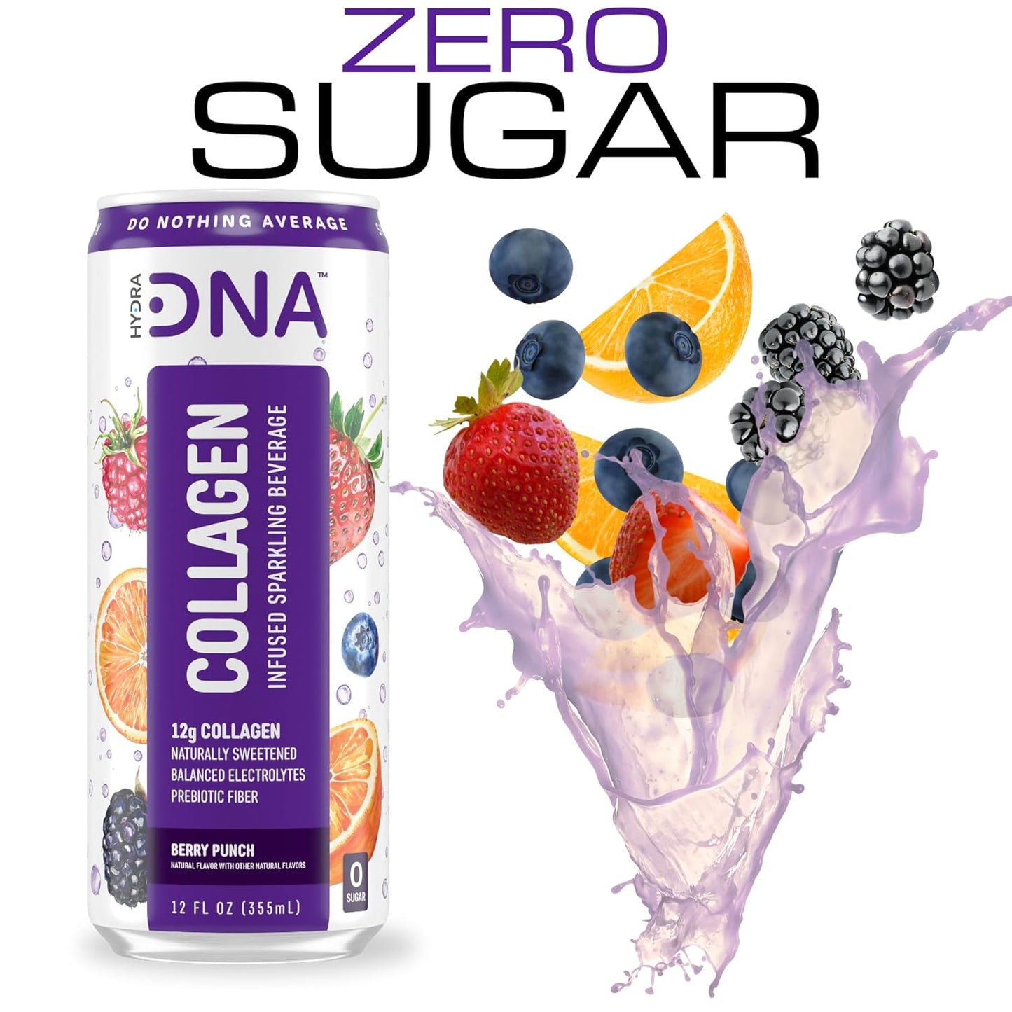 HYDRADNA- Sparkling Liquid Collagen Protein Water Drink Balanced Nutrients for Wellness - Sugar-Free - Keto-Friendly - No Gluten (12 Pack) Berry Punch