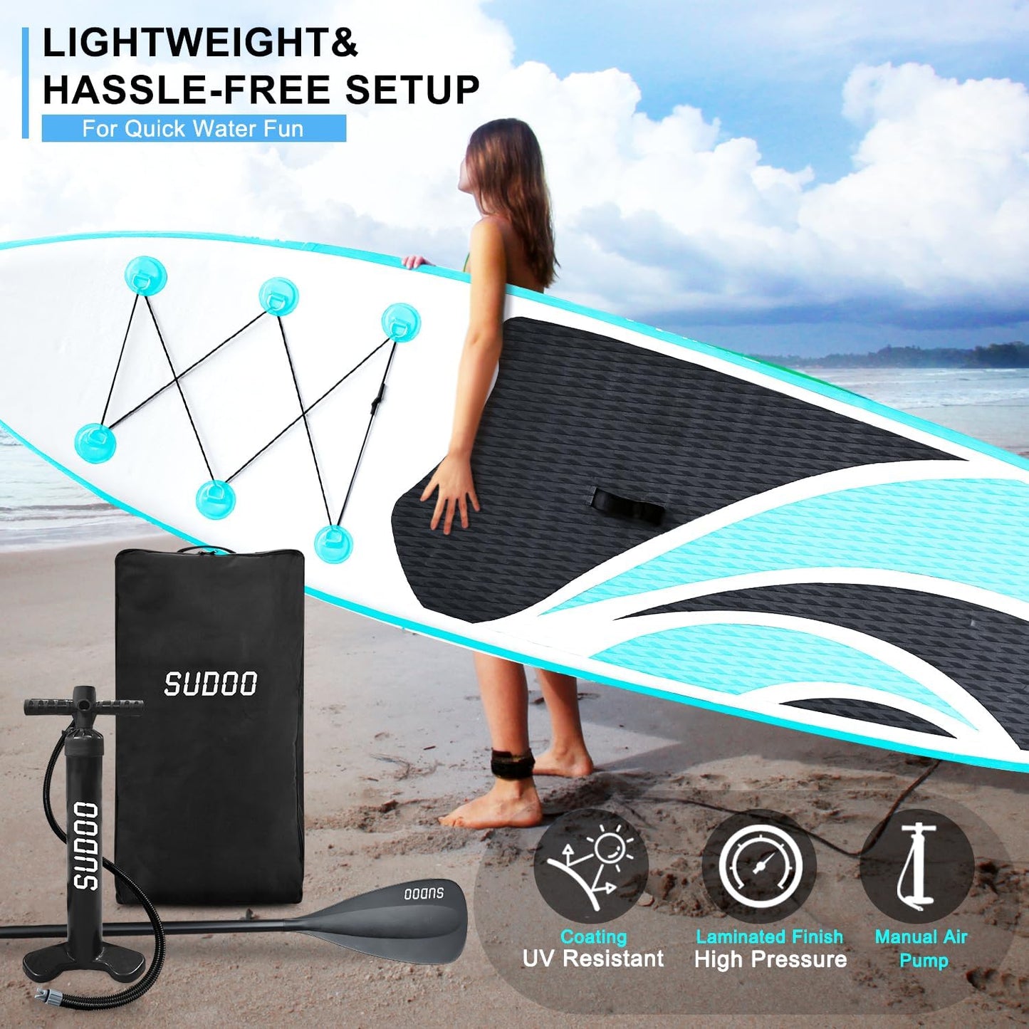 Inflatable Stand Up Paddle Board 10βx30ββ- Ultra-Light SUP with Backpack, Pump, Paddle, Coil Leash, 3 Fins, Repair Kit, Stable Design, Non-Slip EVA Deck for Adults & Youth