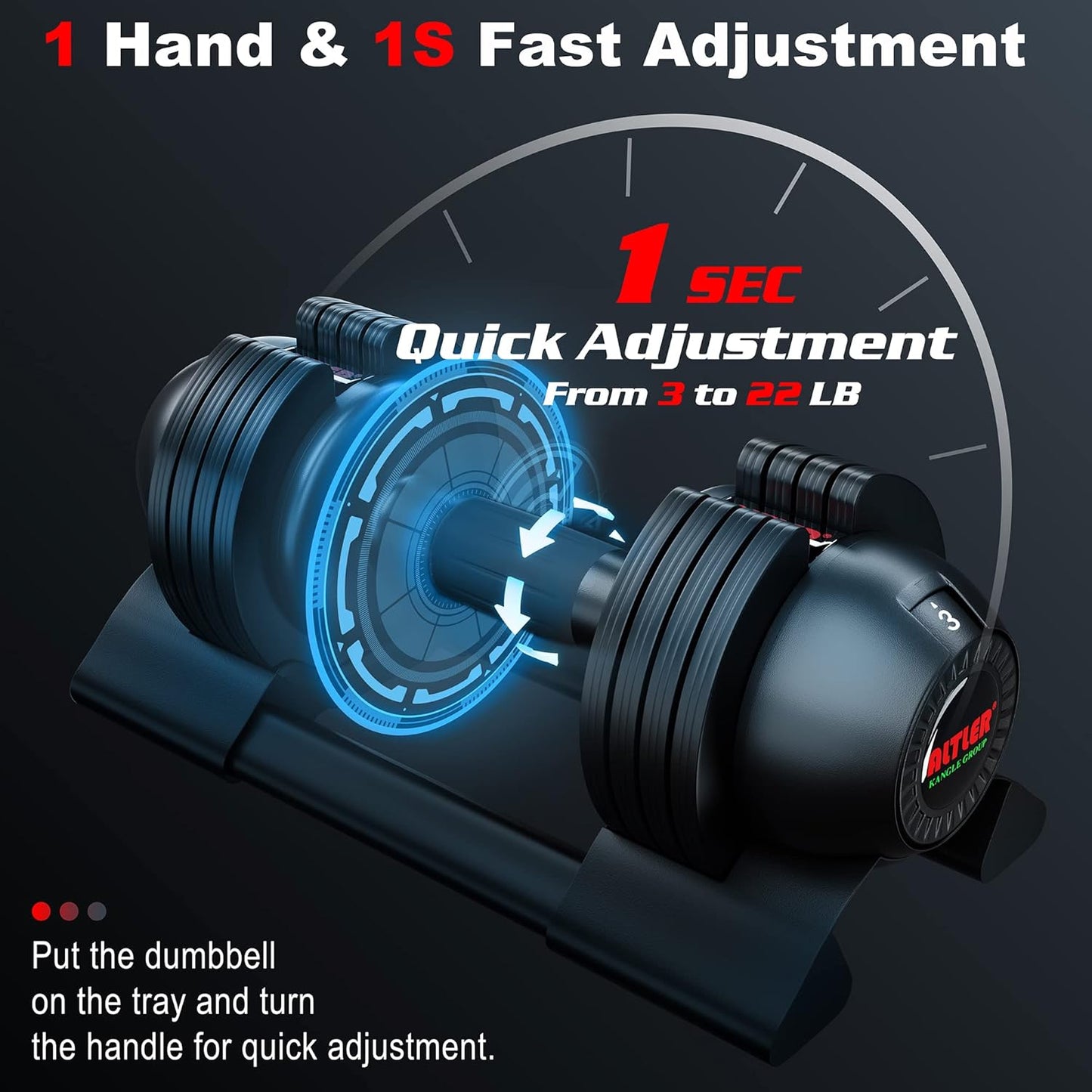 Adjustable Dumbbell,22LBS 44LBS 52LBS Dumbbell Set with Tray for Fitness, Fast Adjust Weight by Turning Anti-Slip Handle, Safety with 8 Lock Slots, Suitable for Men and Women